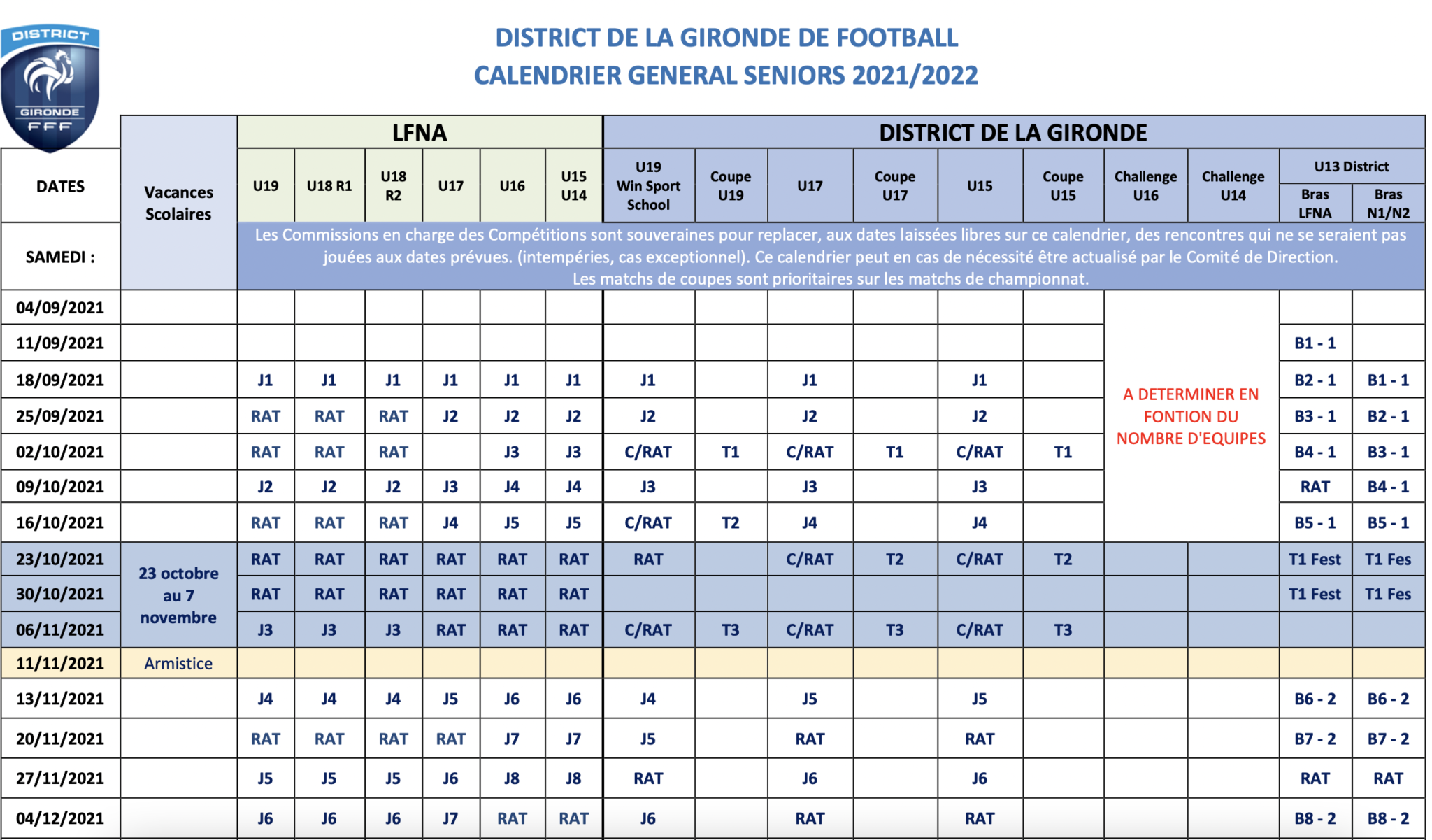 Le calendrier général jeunes du district de la Gironde 2021-2022 - Foot